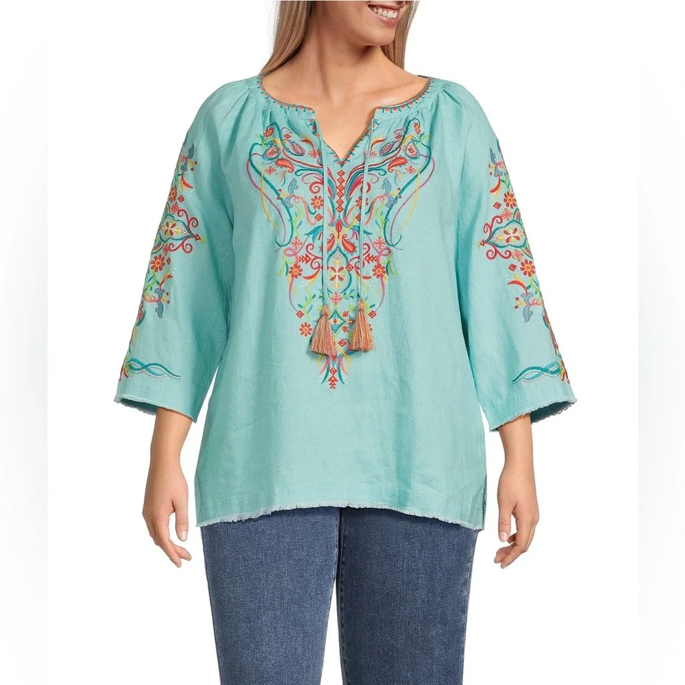 John Mark Turquoise Embroidered Peasant Top with Tassels - Picture 1 of 8